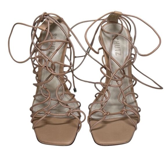 Schutz, “Heyde” Leather Sandal, Lace-Up, Stilleto Heel, Square Toe - Size 8, Tan - Picture 2 of 16